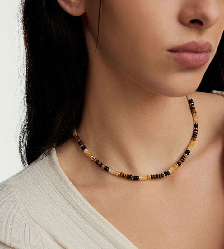 Tiger Eye Pattern Beaded Necklace for Women – Golden Brown Jewelry