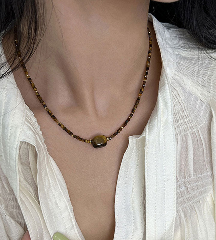Tiger Eye Pattern Sugar Cube Beaded Necklace for Women – Coffee Brown Jewelry