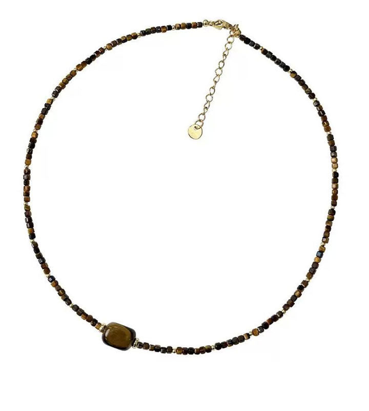 Tiger Eye Pattern Sugar Cube Beaded Necklace for Women – Coffee Brown Jewelry