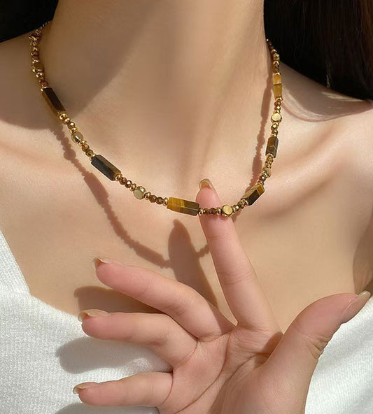 Tiger Eye Pattern Beaded Necklace for Women – Coffee Brown Jewelry