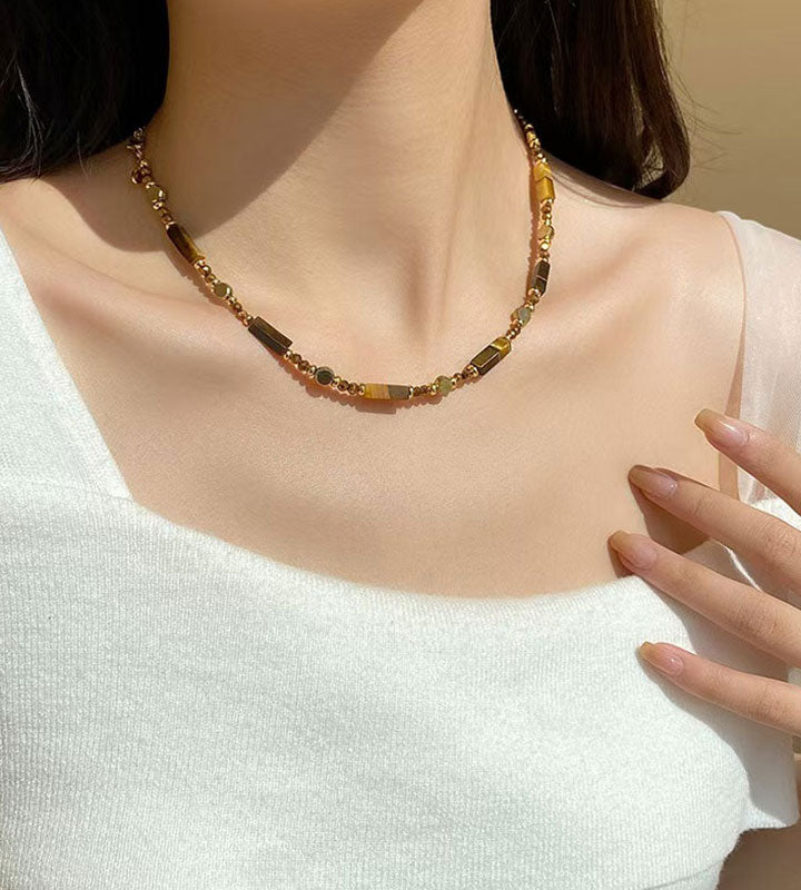 Tiger Eye Pattern Beaded Necklace for Women – Coffee Brown Jewelry
