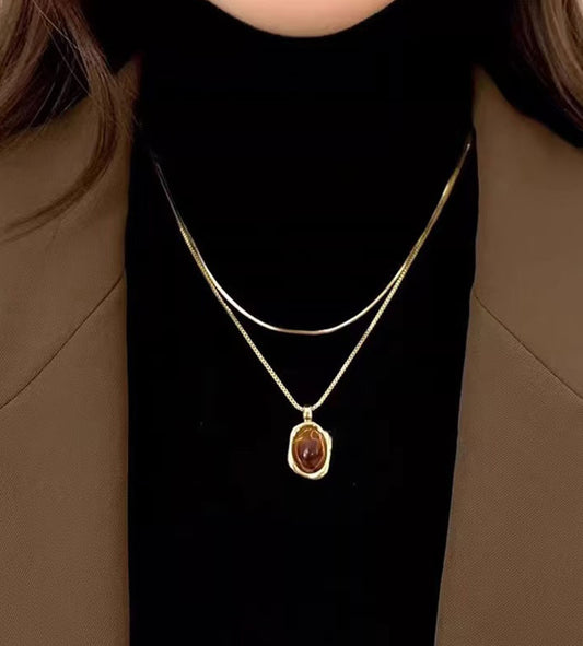 Sweater Chain Golden Tiger Eye Stone Necklace for Women