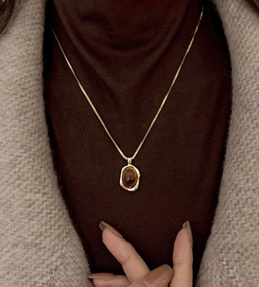 Sweater Chain Golden Tiger Eye Stone Necklace for Women