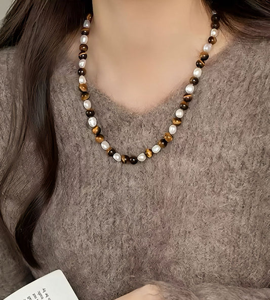 Tiger Eye Irregular Pearl Necklace for Women