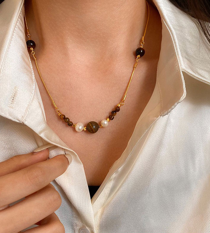 Tiger Eye Pearl Light Luxury Necklace for Women