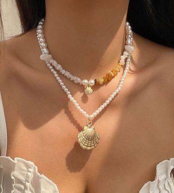 2-Piece Pearl Turquoise Scallop Necklace Set