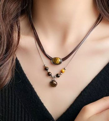 Leather Tiger Eye Stone Stacked Necklace
